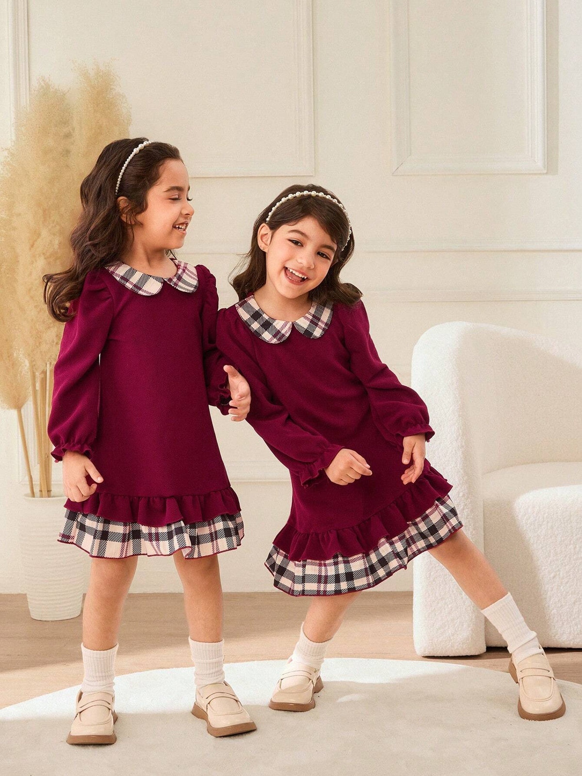 Young Girl Casual Plaid Patchwork Ruffle Hem Dress, Autumn/Winter