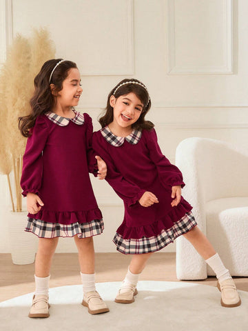 Young Girl Casual Plaid Patchwork Ruffle Hem Dress, Autumn/Winter