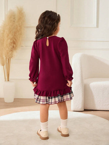 Young Girl Casual Plaid Patchwork Ruffle Hem Dress, Autumn/Winter