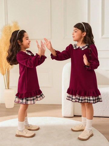 Young Girl Casual Plaid Patchwork Ruffle Hem Dress, Autumn/Winter