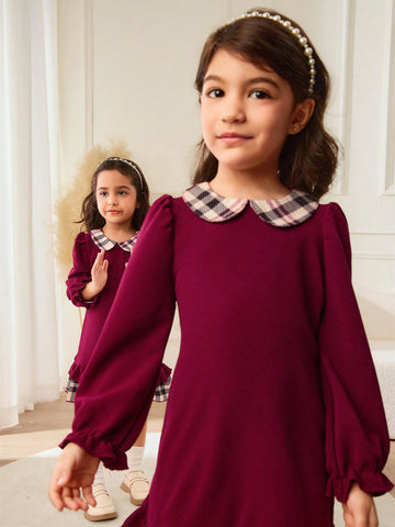 Young Girl Casual Plaid Patchwork Ruffle Hem Dress, Autumn/Winter
