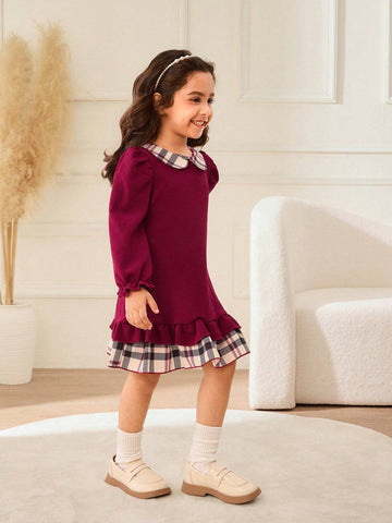 Young Girl Casual Plaid Patchwork Ruffle Hem Dress, Autumn/Winter