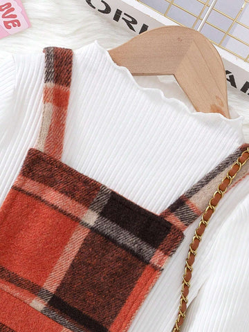 Young Girl Casual Plaid Printed Strap Dress