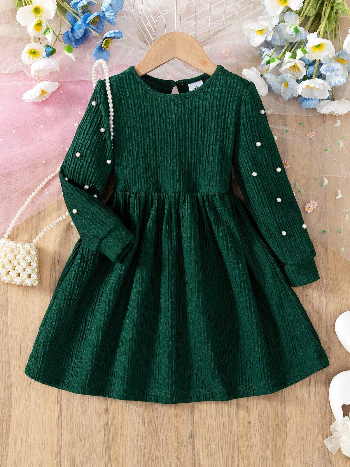 Young Girl Casual Plain Striped Textured Beaded Long Sleeve Round Collar A-Line Hem Dress For Daily Wear, Indoor & Outdoor, Spring/Autumn
