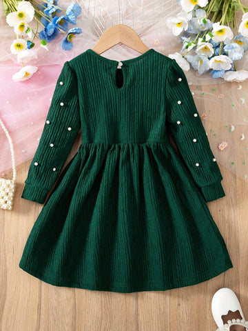 Young Girl Casual Plain Striped Textured Beaded Long Sleeve Round Collar A-Line Hem Dress For Daily Wear, Indoor & Outdoor, Spring/Autumn