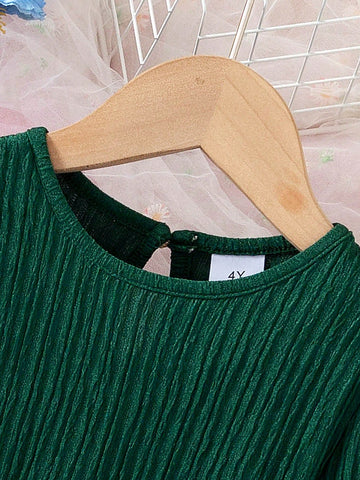 Young Girl Casual Plain Striped Textured Beaded Long Sleeve Round Collar A-Line Hem Dress For Daily Wear, Indoor & Outdoor, Spring/Autumn