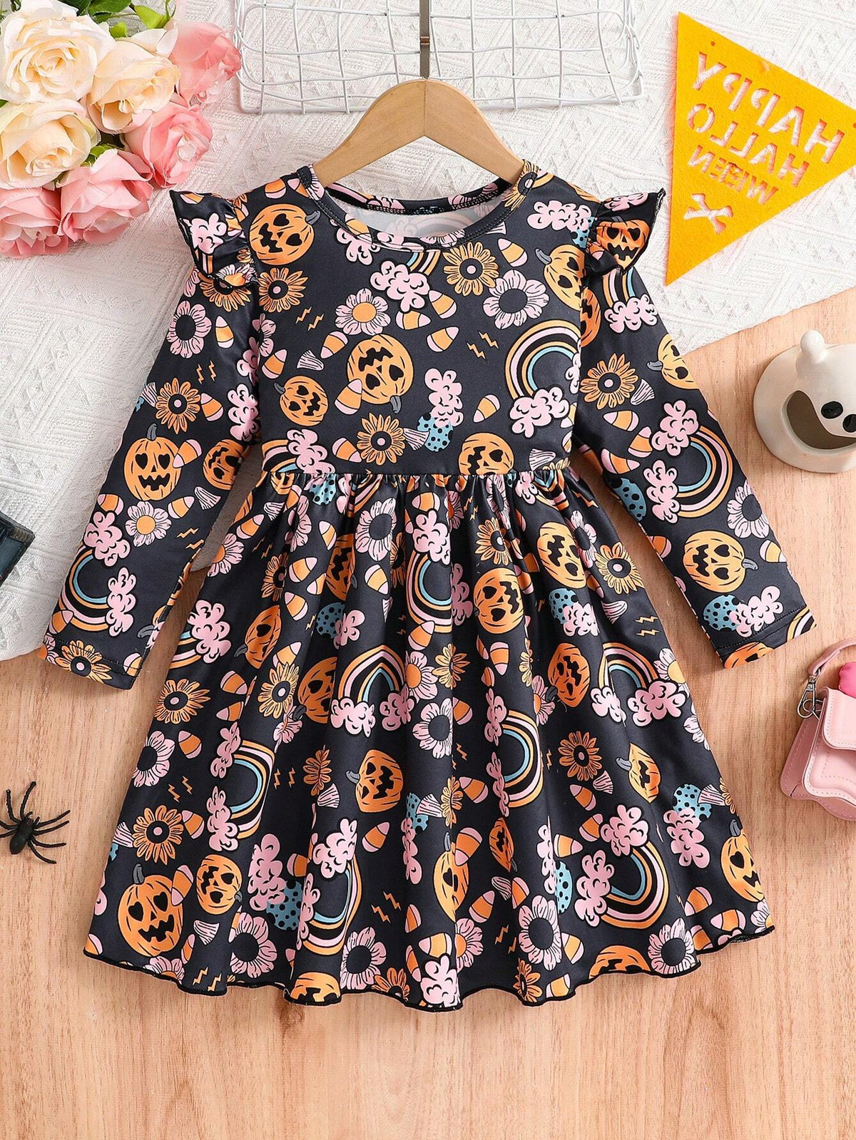 Young Girl' Casual Pumpkin Print Long Sleeve Knit A-Line Dress, For Fall & Winter