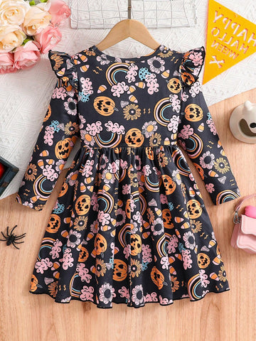 Young Girl' Casual Pumpkin Print Long Sleeve Knit A-Line Dress, For Fall & Winter