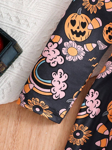Young Girl' Casual Pumpkin Print Long Sleeve Knit A-Line Dress, For Fall & Winter