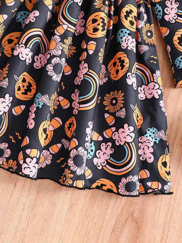 Young Girl' Casual Pumpkin Print Long Sleeve Knit A-Line Dress, For Fall & Winter