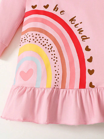 Young Girl Casual Rainbow Bridge Print Adorable Cute Long Sleeve Dress
