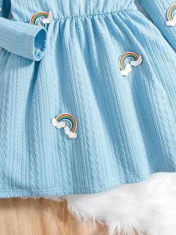 Young Girl Casual Rainbow Pattern Long Sleeve Princess Style Dress. This Blue Princess Dress