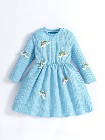 Young Girl Casual Rainbow Pattern Long Sleeve Princess Style Dress. This Blue Princess Dress