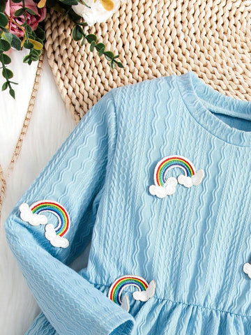Young Girl Casual Rainbow Pattern Long Sleeve Princess Style Dress. This Blue Princess Dress