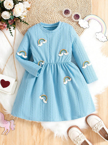 Young Girl Casual Rainbow Pattern Long Sleeve Princess Style Dress. This Blue Princess Dress
