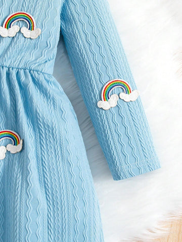Young Girl Casual Rainbow Pattern Long Sleeve Princess Style Dress. This Blue Princess Dress