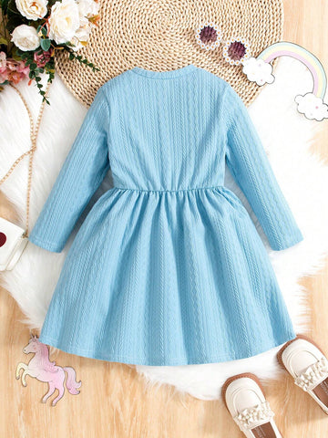 Young Girl Casual Rainbow Pattern Long Sleeve Princess Style Dress. This Blue Princess Dress