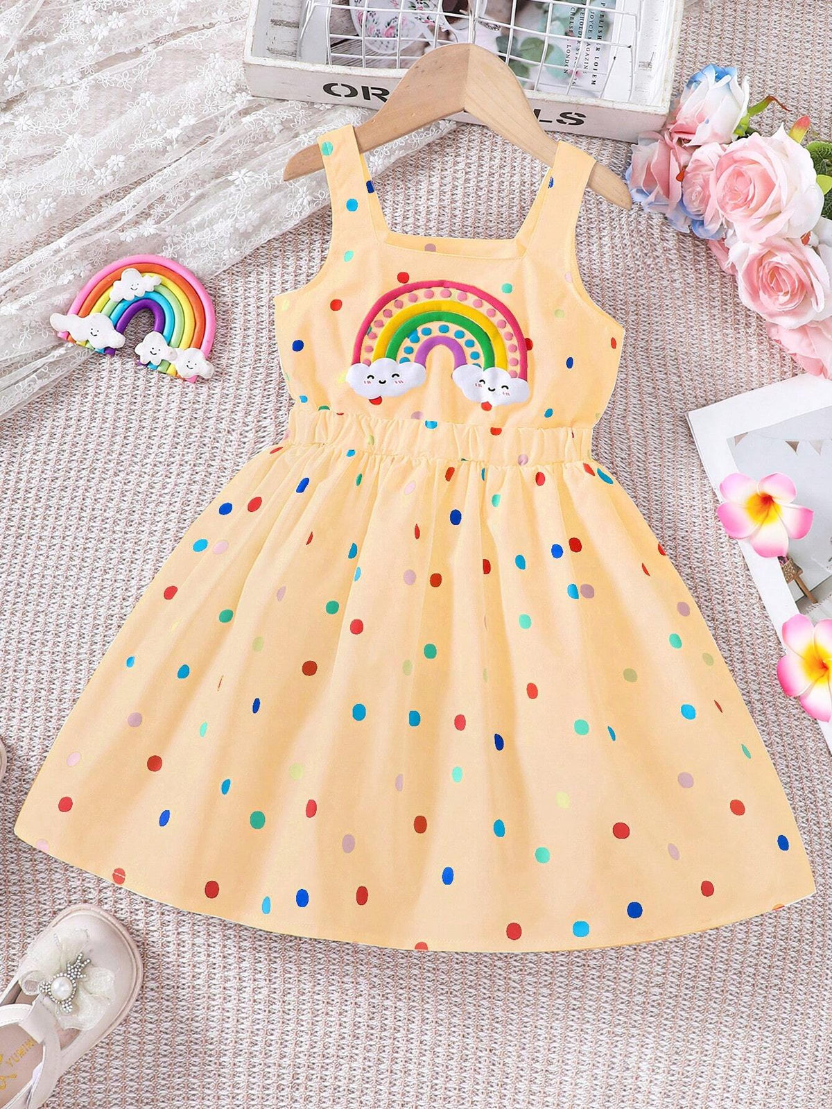 Young Girl' Casual Rainbow Polka Dot Print Dress