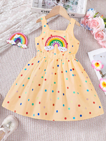 Young Girl' Casual Rainbow Polka Dot Print Dress