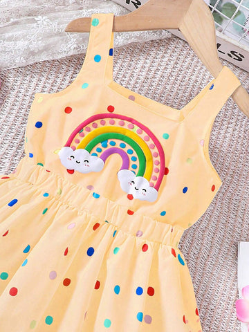 Young Girl' Casual Rainbow Polka Dot Print Dress
