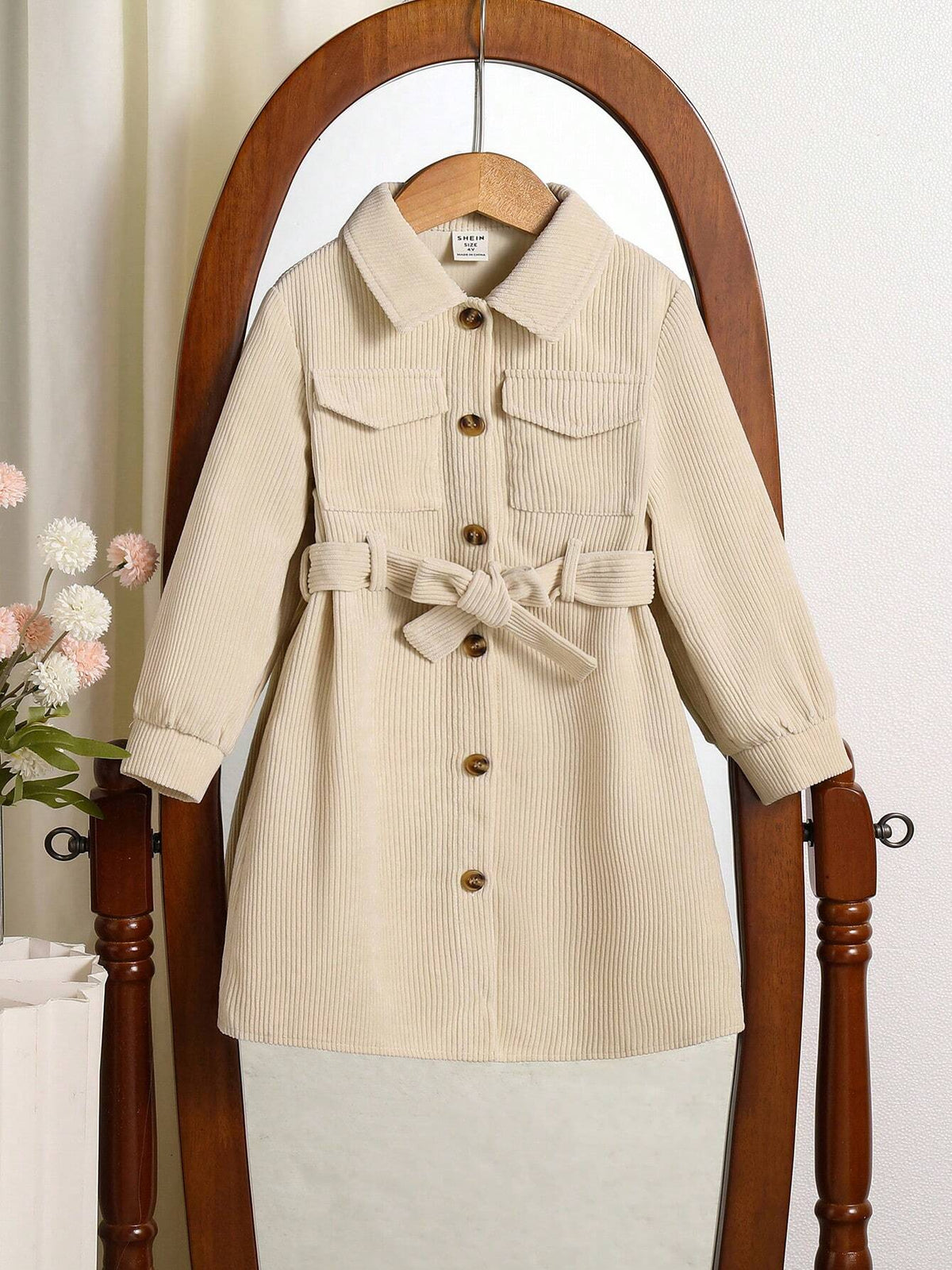 Young Girl Casual Ribbed Pocket & Flap Detachable Belt Decor Dress