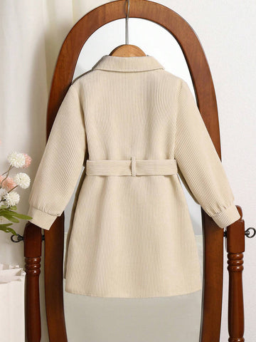 Young Girl Casual Ribbed Pocket & Flap Detachable Belt Decor Dress