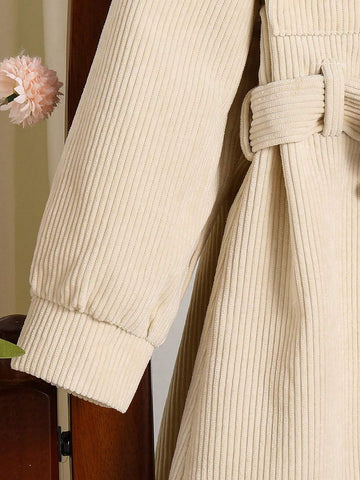 Young Girl Casual Ribbed Pocket & Flap Detachable Belt Decor Dress