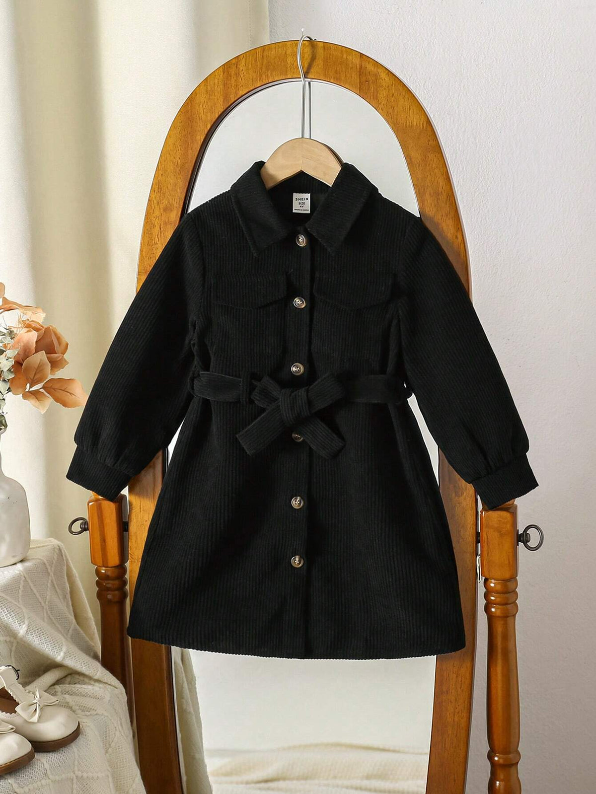 Young Girl' Casual Ribbed Pocket & Flap Detachable Belt Dress