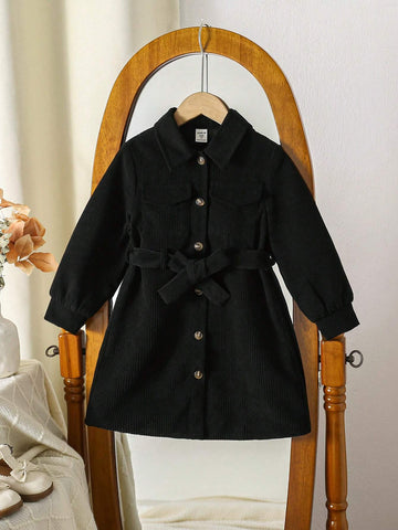 Young Girl' Casual Ribbed Pocket & Flap Detachable Belt Dress