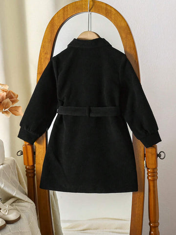 Young Girl' Casual Ribbed Pocket & Flap Detachable Belt Dress