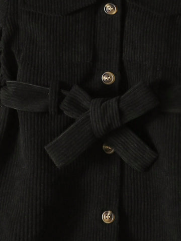 Young Girl' Casual Ribbed Pocket & Flap Detachable Belt Dress