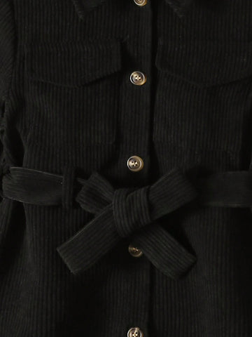 Young Girl' Casual Ribbed Pocket & Flap Detachable Belt Dress