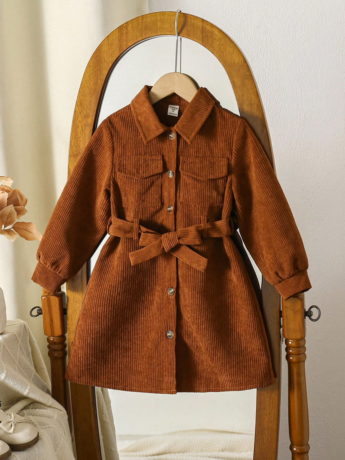 Young Girl Casual Ribbed Pocketed Dress With Detachable Belt, Suitable For Young Girl Autumn/Winter Daily Wear