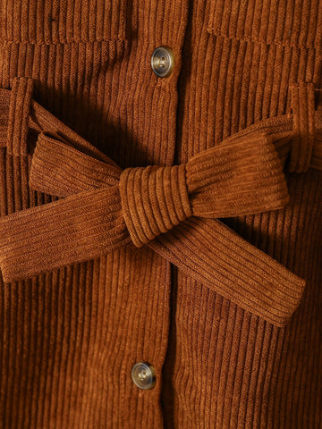 Young Girl Casual Ribbed Pocketed Dress With Detachable Belt, Suitable For Young Girl Autumn/Winter Daily Wear