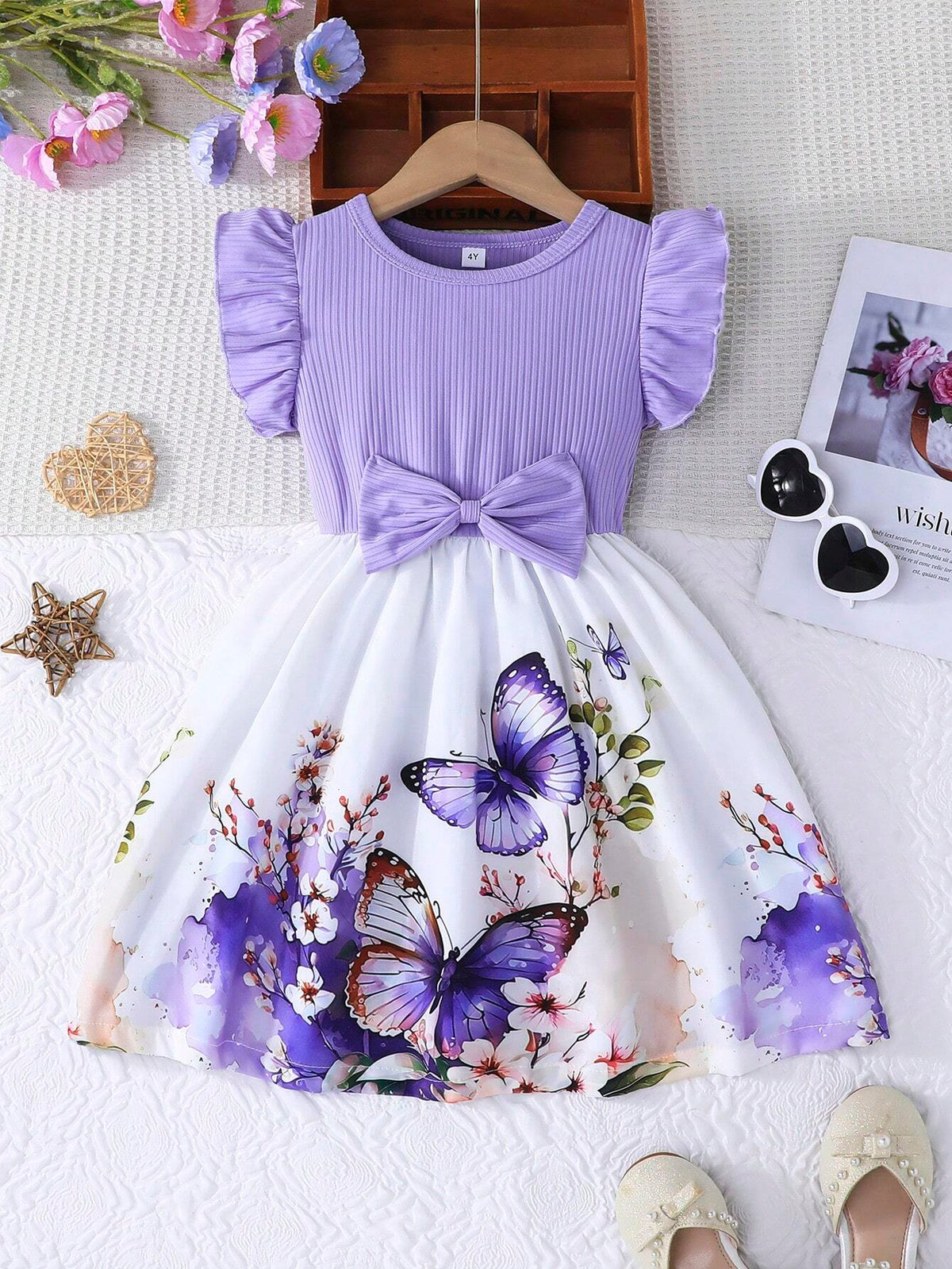 Young Girl Casual Ruffle Sleeve Bow Tie Waist Rose Floral Print Dress, Summer