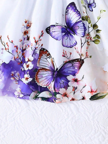 Young Girl Casual Ruffle Sleeve Bow Tie Waist Rose Floral Print Dress, Summer