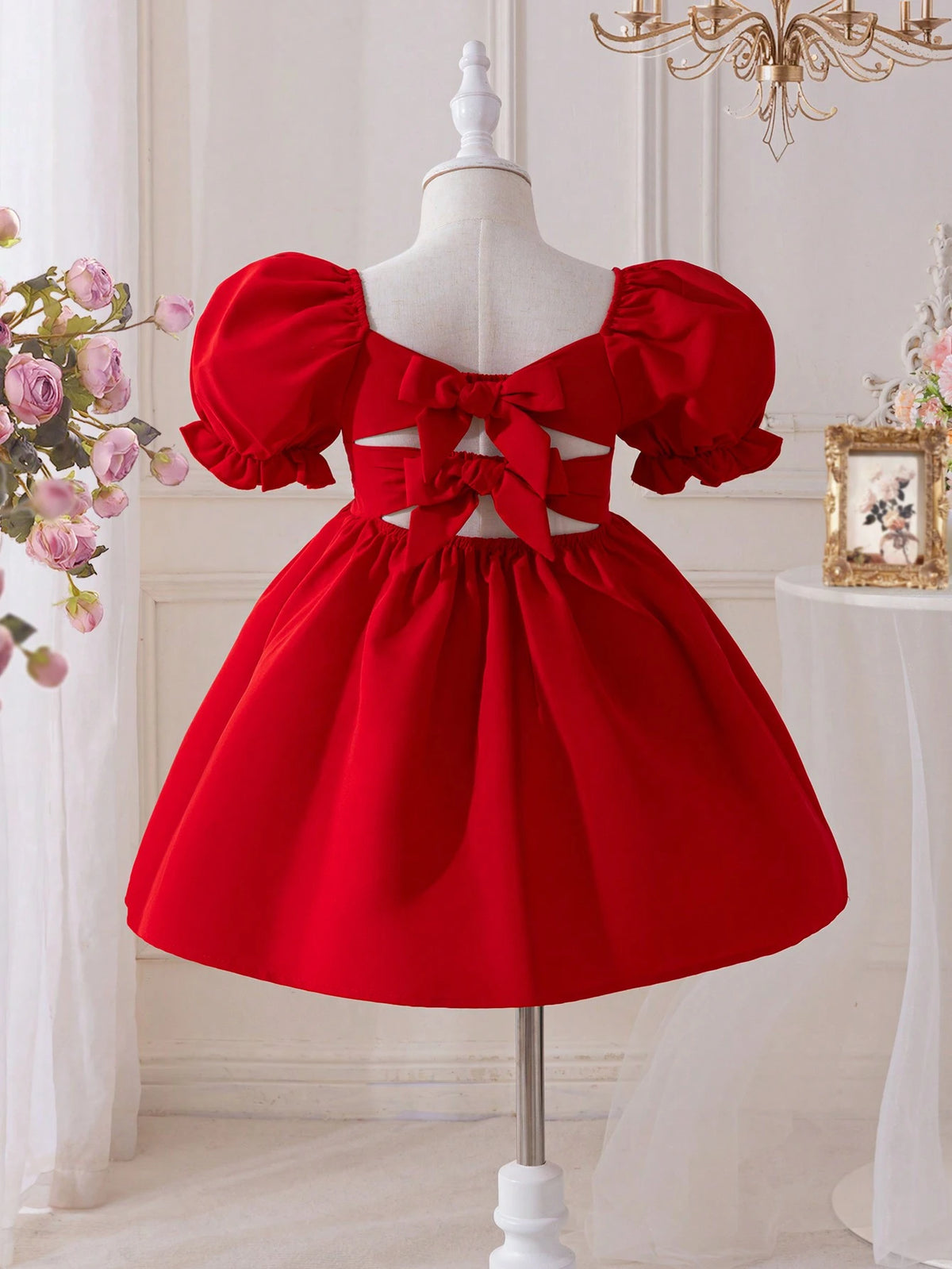 Young Girl Casual Short-Sleeved Woven Solid Color Square Neckline Dress For Daily Wear