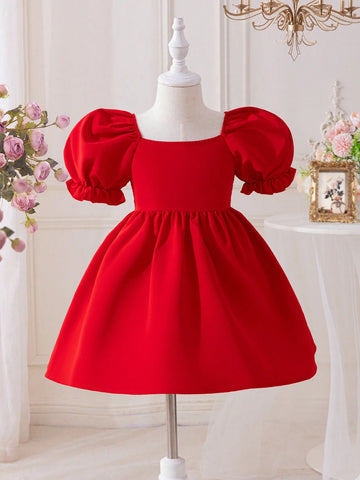 Young Girl Casual Short-Sleeved Woven Solid Color Square Neckline Dress For Daily Wear