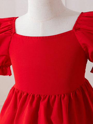 Young Girl Casual Short-Sleeved Woven Solid Color Square Neckline Dress For Daily Wear