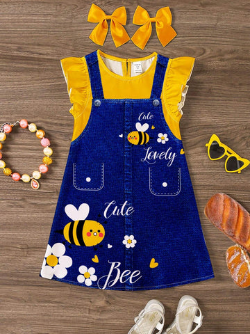 Young Girl Casual Simple Bee Print Denim-Like Ruffled Dress, Suitable For Summer