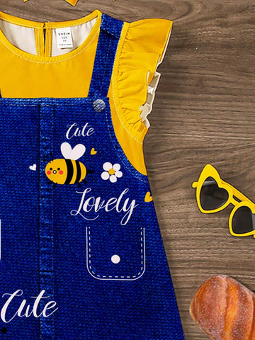 Young Girl Casual Simple Bee Print Denim-Like Ruffled Dress, Suitable For Summer