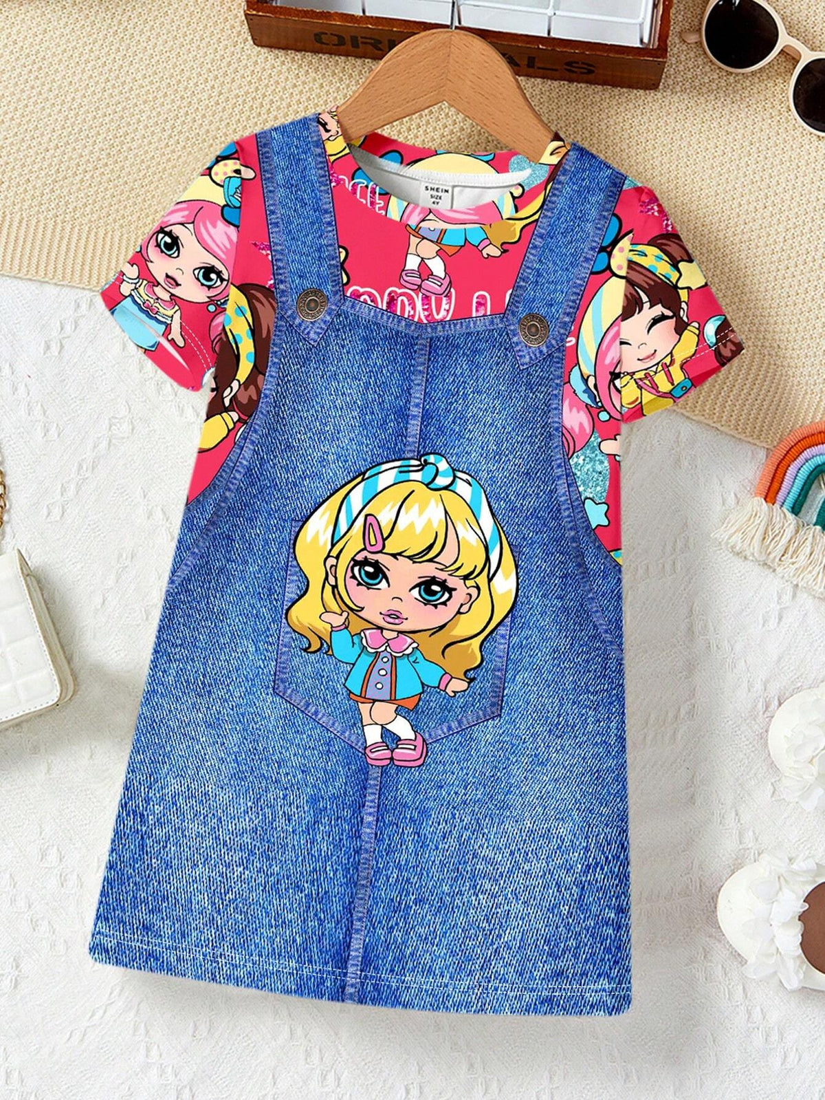 Young Girl Casual Simple Cartoon Girl Pattern Short Sleeve Midi Length Dress Suitable For Summer