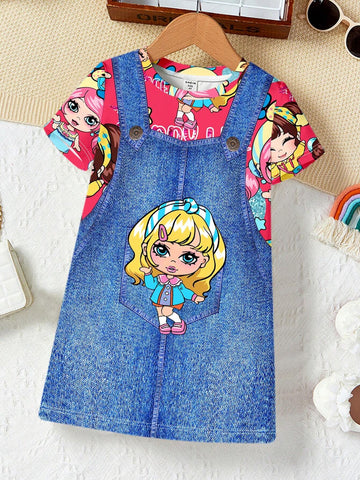 Young Girl Casual Simple Cartoon Girl Pattern Short Sleeve Midi Length Dress Suitable For Summer