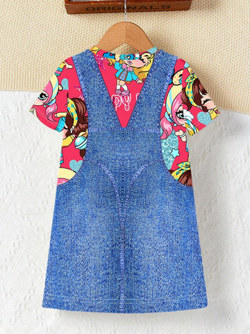 Young Girl Casual Simple Cartoon Girl Pattern Short Sleeve Midi Length Dress Suitable For Summer