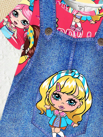 Young Girl Casual Simple Cartoon Girl Pattern Short Sleeve Midi Length Dress Suitable For Summer