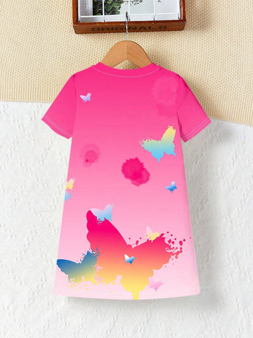 Young Girl Casual Simple Cartoon Unicorn Pattern Short Sleeve Midi Dress Suitable For Summer
