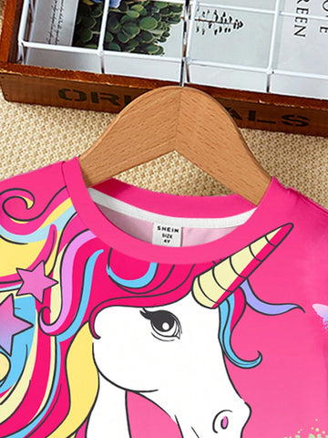Young Girl Casual Simple Cartoon Unicorn Pattern Short Sleeve Midi Dress Suitable For Summer