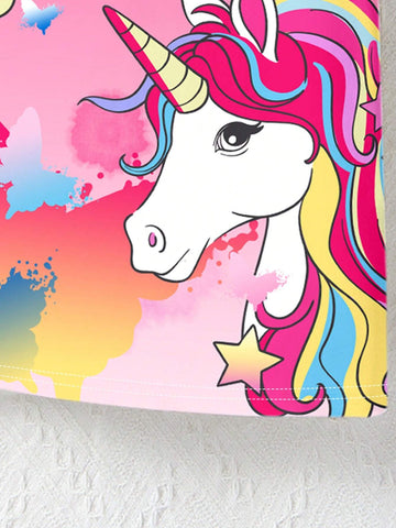 Young Girl Casual Simple Cartoon Unicorn Pattern Short Sleeve Midi Dress Suitable For Summer