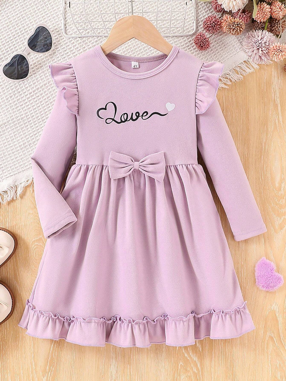 Young Girl Casual Slogan Print Bow Decor Long Sleeve Fleece Round Neck Dress