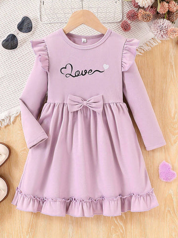 Young Girl Casual Slogan Print Bow Decor Long Sleeve Fleece Round Neck Dress